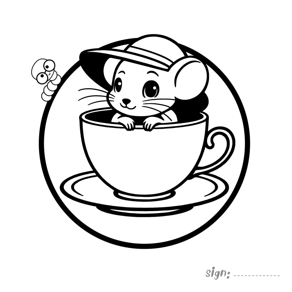 Cute mouse in teacup coloring page wearing a hat inside a circle