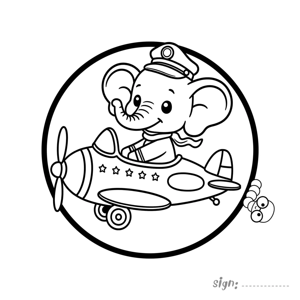 Cute pilot elephant coloring page flying a propeller airplane inside a circle