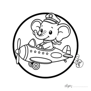 Cute pilot elephant coloring page flying a propeller airplane inside a circle