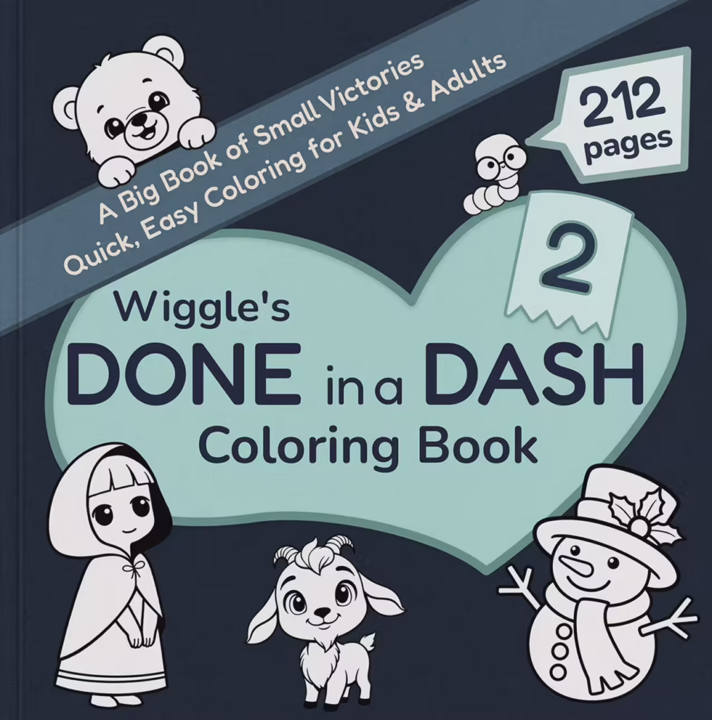 Wiggle's Done in a Dash Coloring Book Volume 2 cover with green heart, featuring a bear, snowman, and goat - simple winter and animal coloring pages.