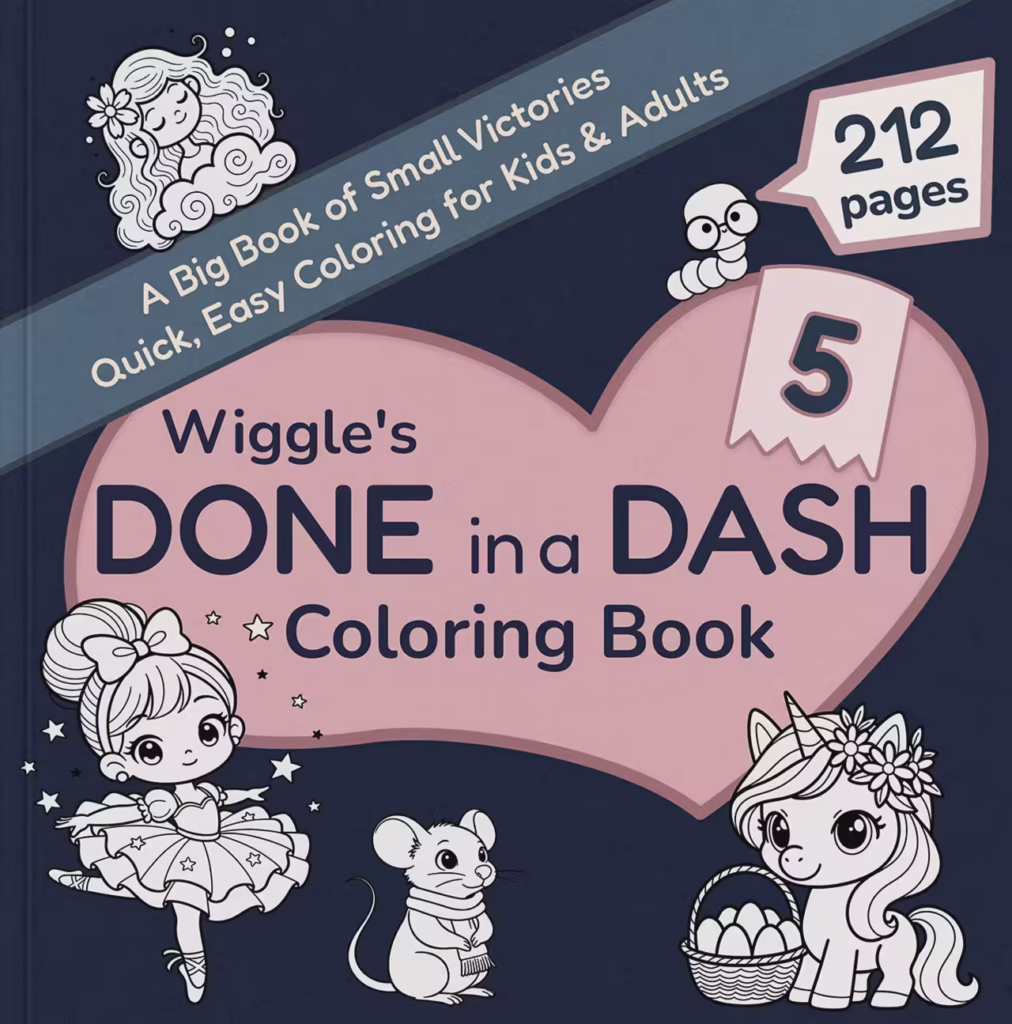 Wiggle's Done in a Dash Coloring Book Volume 5 cover with blue heart, featuring a squirrel, smart cat with glasses, and unicorn - kawaii coloring book for all ages.