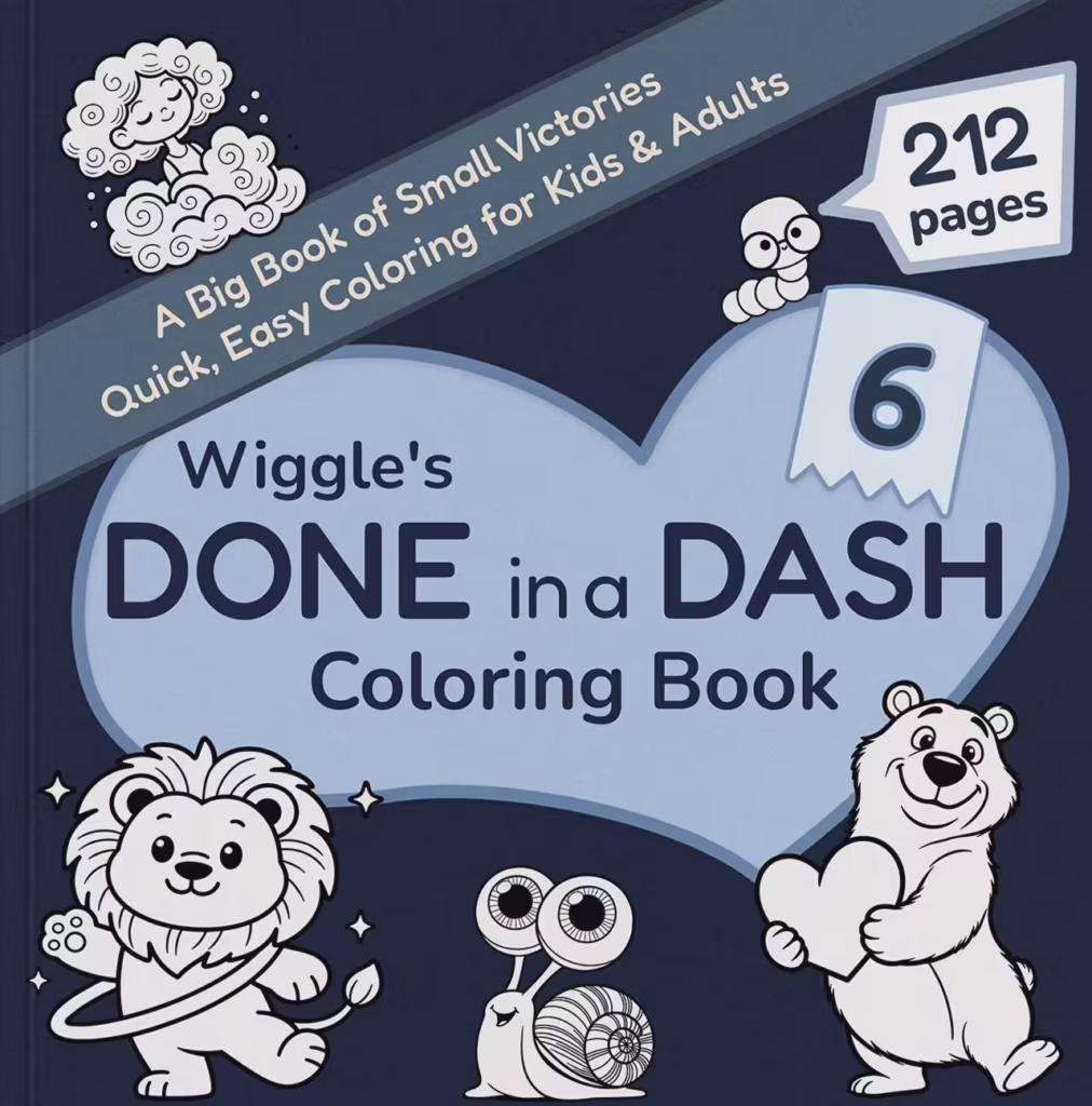 Wiggle's Done in a Dash Coloring Book Volume 6 cover with blue heart, featuring a squirrel, smart cat with glasses, and unicorn - kawaii coloring book for all ages.