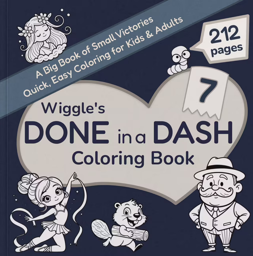Wiggle's Done in a Dash Coloring Book Volume 7 cover with blue heart, featuring a squirrel, smart cat with glasses, and unicorn - kawaii coloring book for all ages.