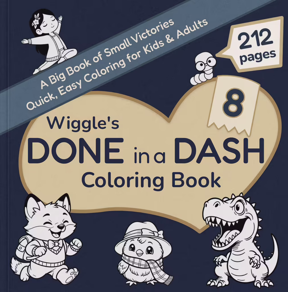Wiggle's Done in a Dash Coloring Book Volume 8 cover with blue heart, featuring a squirrel, smart cat with glasses, and unicorn - kawaii coloring book for all ages.
