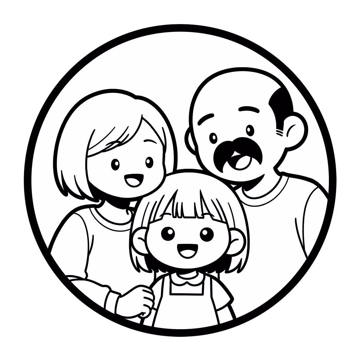 Line art illustration of a cute, smiling family (two adults and one child) framed in a circle, representing the creators or target audience for an "About Us" page.