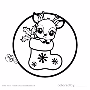 Cute baby deer sitting inside a decorative Christmas stocking in a black and white coloring page illustration.