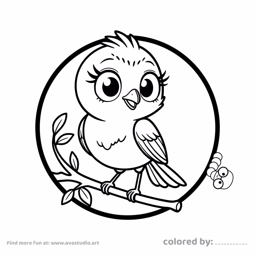 Cute bird sitting on a tree branch with detailed feathers and large eyes inside a circular coloring page design.