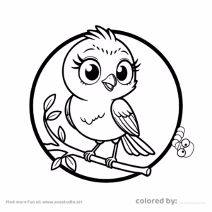 Cute bird sitting on a tree branch with detailed feathers and large eyes inside a circular coloring page design.