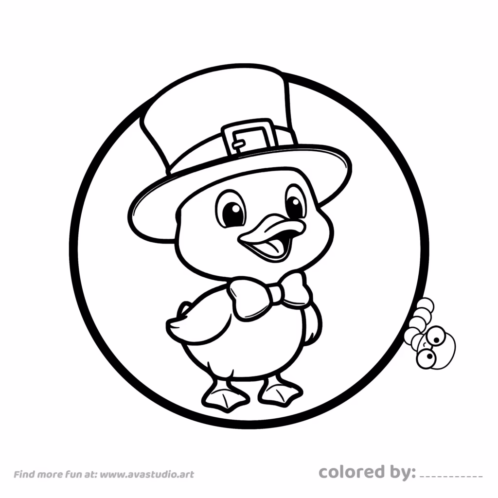 Cute duck wearing a hat and bow tie coloring page with simple outlines