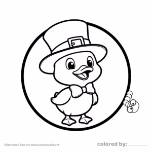 Cute duck wearing a hat and bow tie coloring page with simple outlines