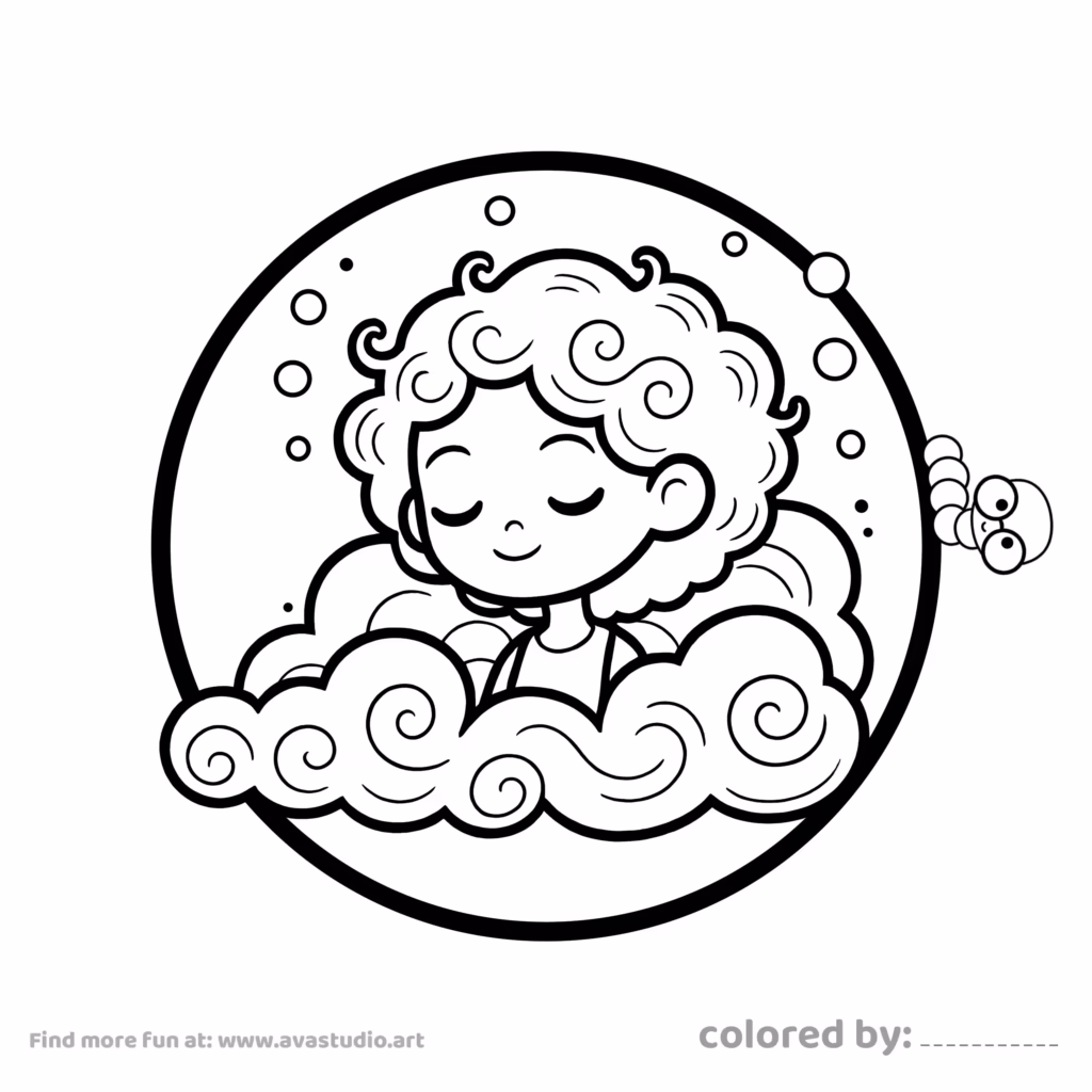 Cute girl with curly hair sitting among fluffy clouds in a dreamy circular coloring page illustration.