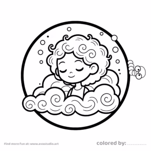 Cute girl with curly hair sitting among fluffy clouds in a dreamy circular coloring page illustration.