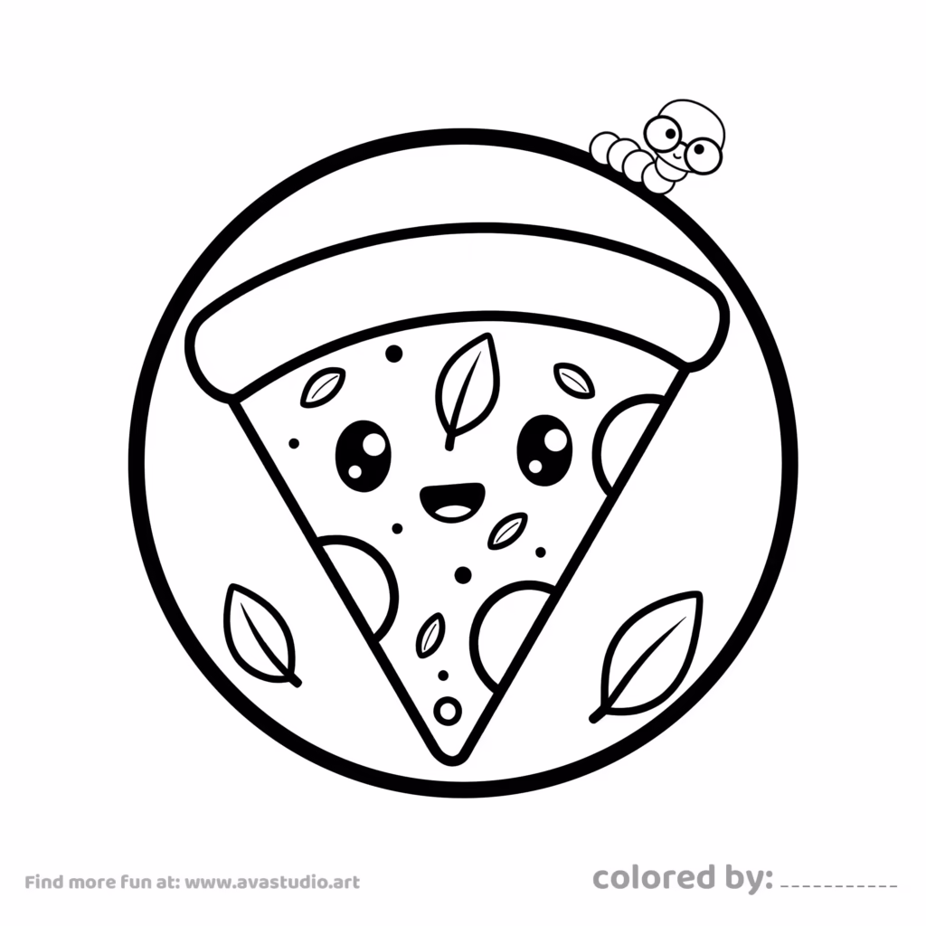Cute smiling pizza slice character with a fun design inside a circular coloring page frame.
