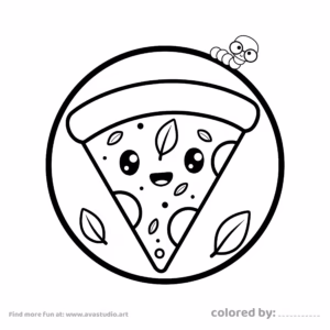 Cute smiling pizza slice character with a fun design inside a circular coloring page frame.