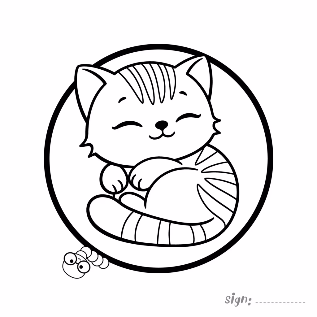 Cute sleeping kitten coloring page curled up on cushion inside a circle