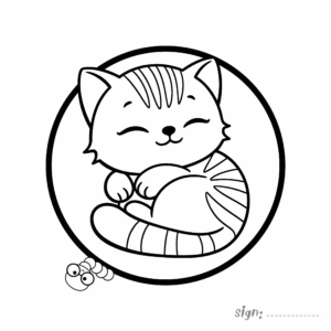 Cute sleeping kitten coloring page curled up on cushion inside a circle