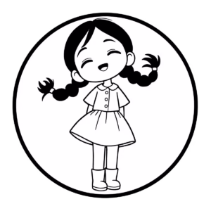 Free printable cute girl with pigtail braids, smiling and wearing a dress and boots, simple outline coloring page.