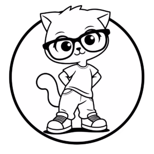 Free printable cute cat wearing large black glasses, shirt, and shorts, standing with hands on hips, simple kawaii design.