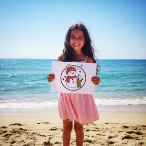 A smiling child standing on a sunny beach next to the ocean, proudly holding up a completed coloring page featuring a snowman and a reindeer.