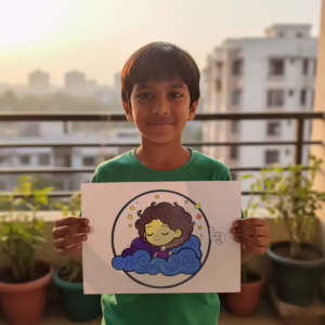 A happy boy standing on an apartment balcony at sunset, holding a completed coloring page of a child sleeping peacefully on blue and purple clouds.