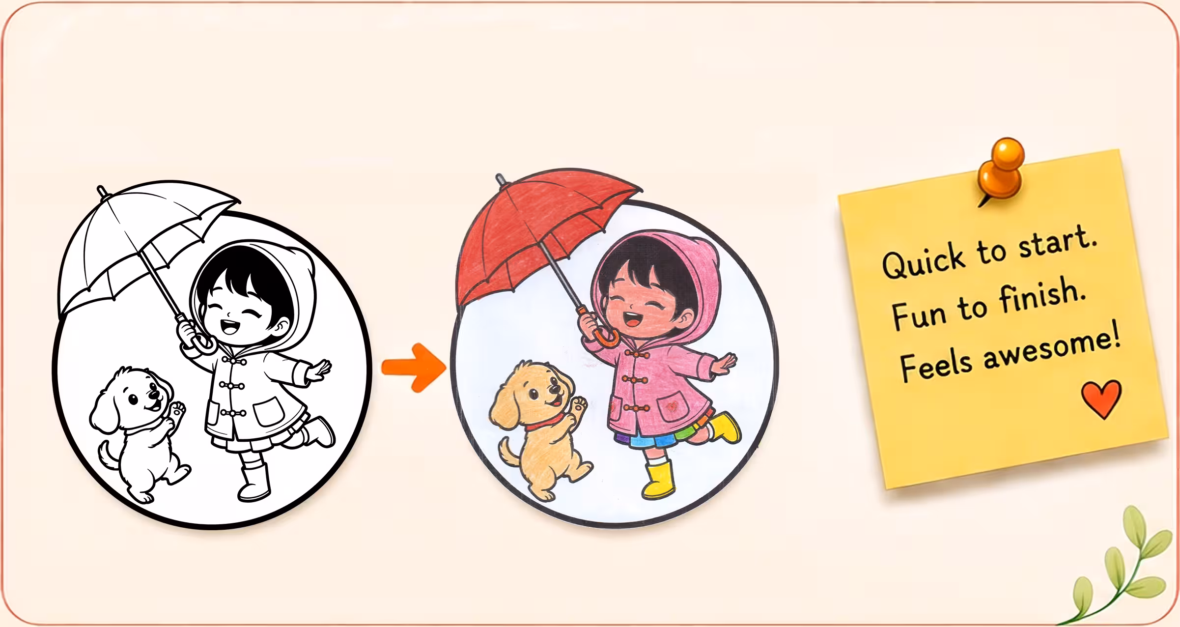 Side-by-side comparison showing a black-and-white outline of a happy girl in a raincoat holding an umbrella with a puppy, alongside the fully colored version.