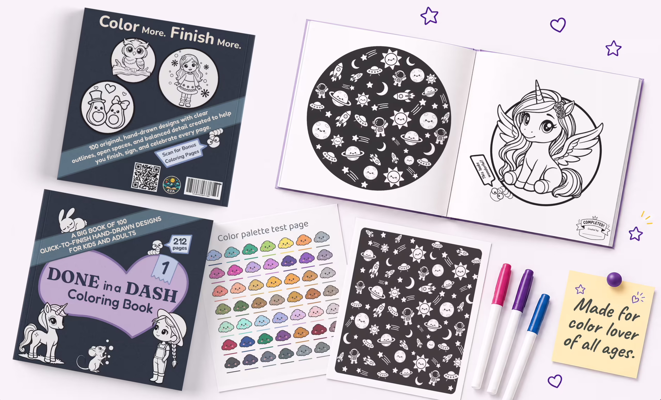 Ava Studio Done in a Dash coloring book collection displayed with open coloring pages, finished artwork, color palette test page, markers, and book covers