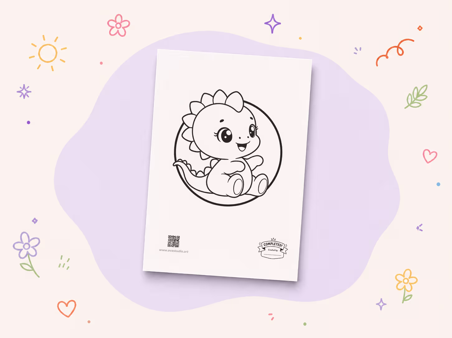 Printed baby Stegosaurus coloring page on a decorative background