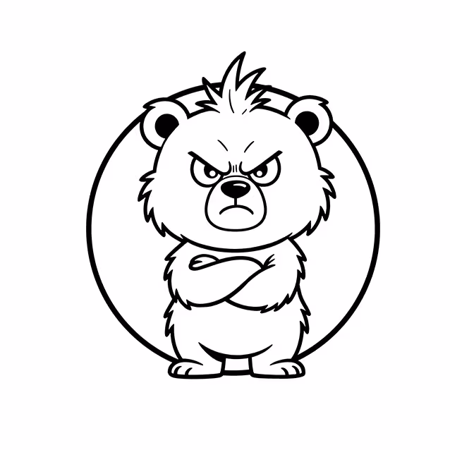 Cartoon bear standing with crossed arms and grumpy expression coloring page