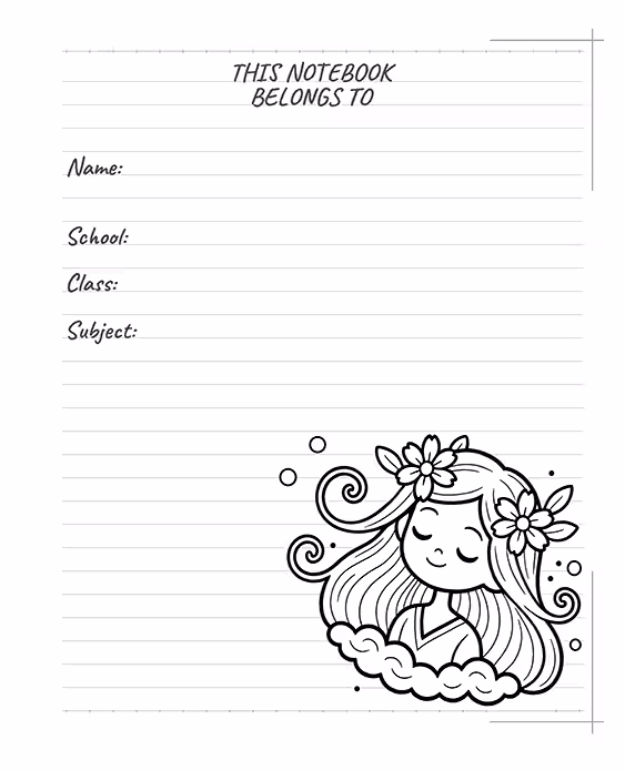 AVA Studio Practice & Color Notebook ownership page featuring a cute floral girl illustration and dedicated fields for Name, School, Class, and Subject, creating a personalized space for a child to identify their notebook.
