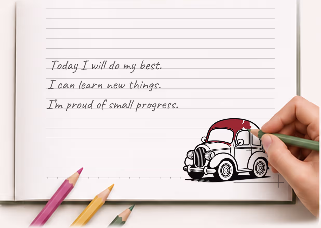 AVA Studio Practice & Color Notebook showing a hand coloring a vintage car illustration with colored pencils, demonstrating the relaxing combination of handwriting practice and creative coloring activities.