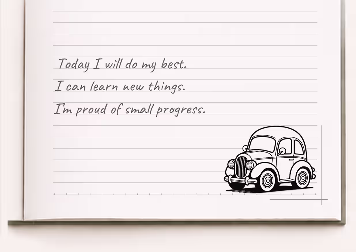 AVA Studio Practice & Color Notebook featuring a vintage-style car illustration on a lined writing page, with motivational handwriting prompts and a detailed black-and-white design ready for coloring.