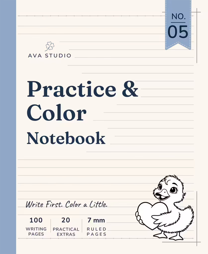 AVA Studio Practice & Color Notebook No. 05 featuring an adorable duckling holding a heart illustration, with 100 writing pages, 20 practical extras, and 7 mm ruled pages for writing, creativity, and coloring.