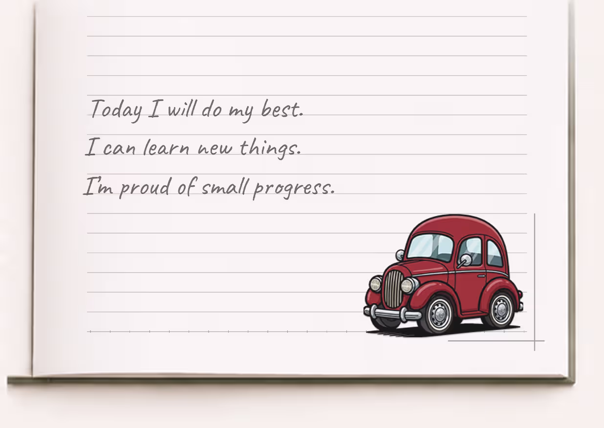 AVA Studio Practice & Color Notebook featuring a completed vintage car coloring illustration in rich red tones, displayed on a neatly lined page alongside motivational handwriting practice prompts.