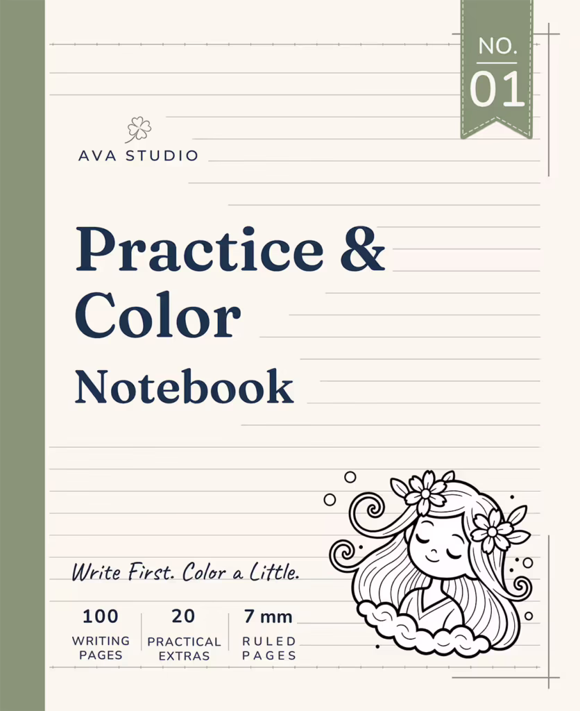 AVA Studio Practice & Color Notebook No. 01 featuring a charming girl with long flowing hair and flowers, with 100 writing pages, 20 practical extras, and 7 mm ruled pages designed for writing and coloring.