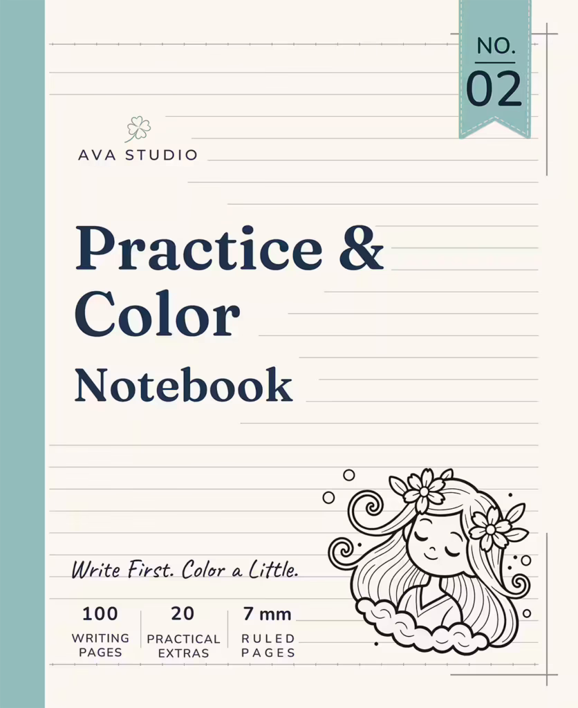 AVA Studio Practice & Color Notebook No. 02 featuring a charming floral girl illustration on a soft teal-accented design, with 100 writing pages, 20 practical extras, and 7 mm ruled pages for writing, creativity, and coloring.