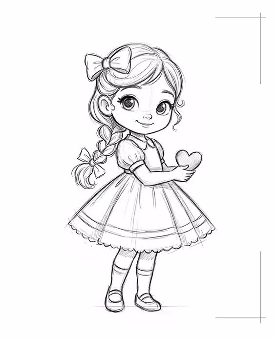 AVA Studio Practice & Color Notebook featuring a charming hand-drawn girl with braided hair, a bow, and a dress, holding a heart-shaped design. The detailed illustration is designed for coloring, creative practice, and everyday writing activities.
