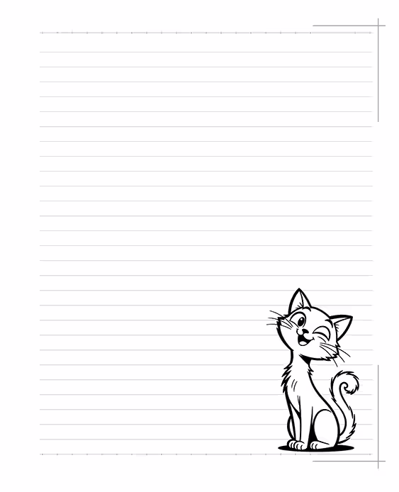 AVA Studio Practice & Color Notebook interior featuring a clean lined writing page with a playful smiling cat illustration in the lower corner, providing a spacious area for writing, journaling, notes, and creative activities.