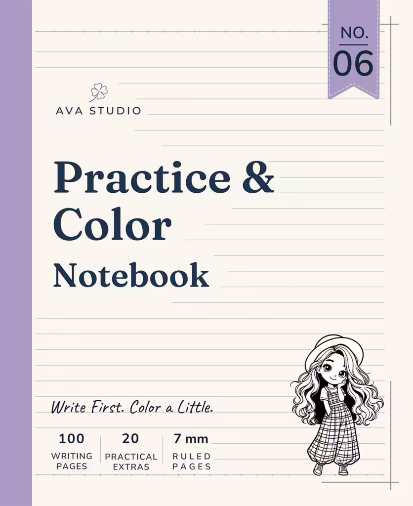 AVA Studio Practice & Color Notebook No. 06 featuring a charming girl character with long flowing hair and a playful hat, presented on a soft lined-paper design with 100 writing pages, 20 practical extras, and 7 mm ruled pages for writing and coloring.