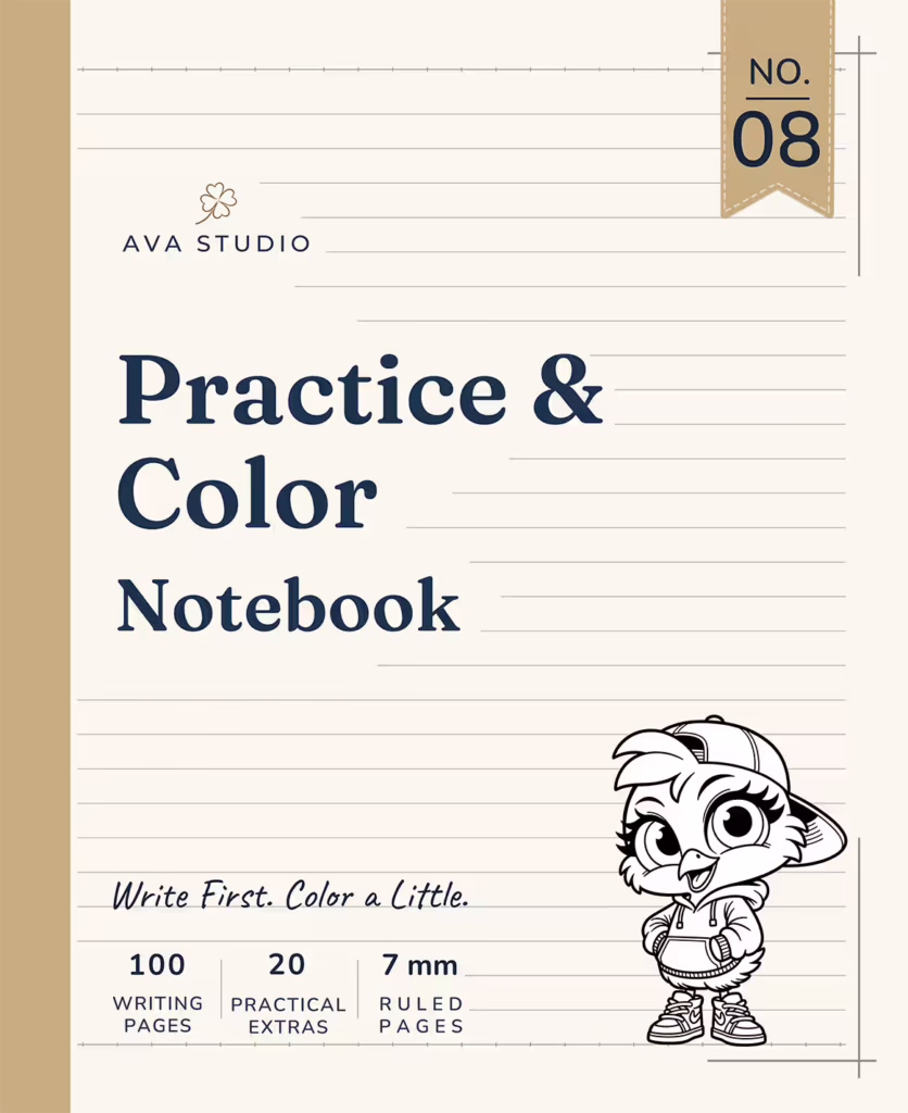 AVA Studio Practice & Color Notebook No. 08 featuring a cute owl character wearing a baseball cap and casual outfit, presented on a soft lined-paper design with 100 writing pages, 20 practical extras, and 7 mm ruled pages for writing and coloring.