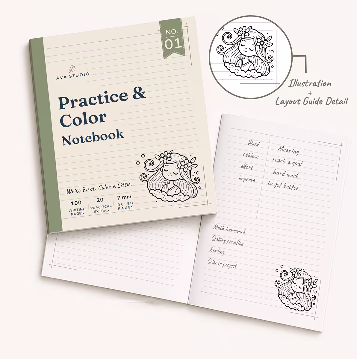 AVA Studio Practice & Color Notebook No. 01 displayed open with its illustrated cover and lined interior pages, featuring 100 writing pages, 20 practical extras, 7 mm ruled spacing, handwriting practice, vocabulary activities, homework prompts, and decorative coloring illustrations.