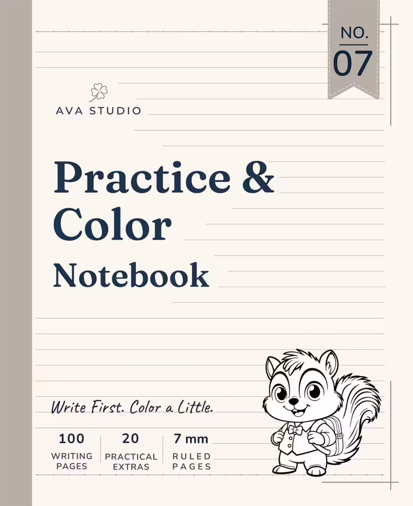 AVA Studio Practice & Color Notebook No. 07 featuring a cute squirrel wearing a backpack and bow tie, with 100 writing pages, 20 practical extras, and 7 mm ruled pages for writing, creativity, and coloring.