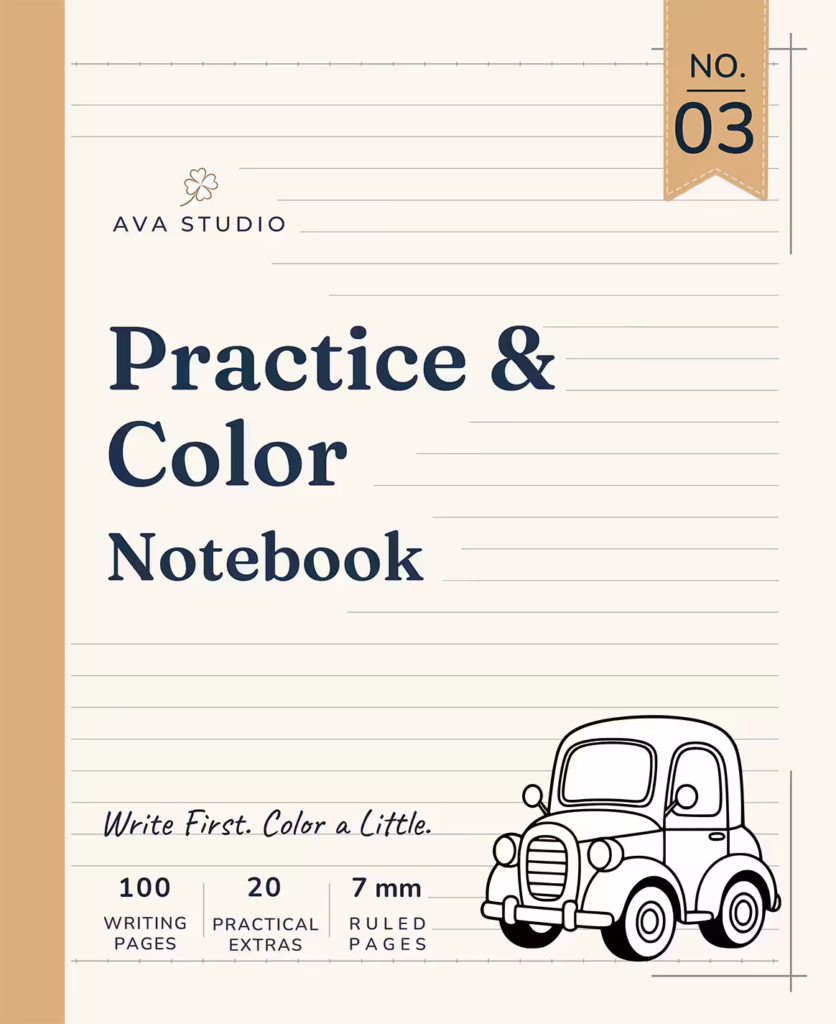 AVA Studio Practice & Color Notebook No. 03 featuring a cute vintage car illustration, with 100 writing pages, 20 practical extras, and 7 mm ruled pages that provide space for writing, drawing, and creative coloring.