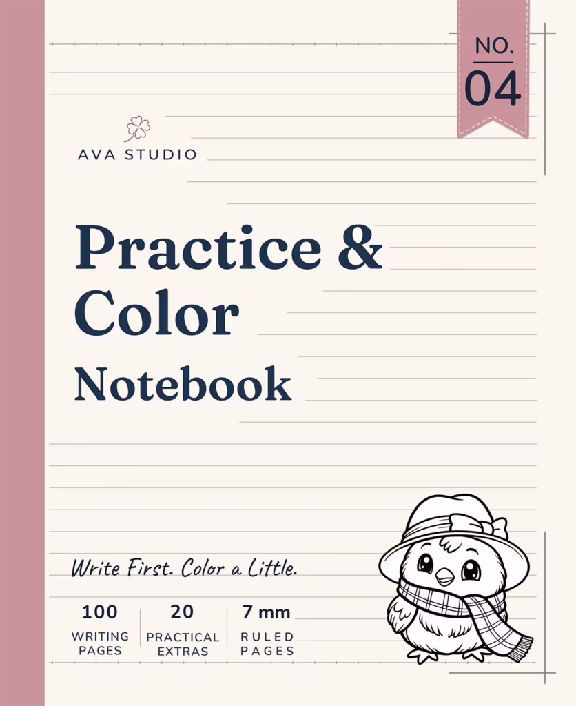 AVA Studio Practice & Color Notebook No. 04 featuring an adorable winter bird wearing a hat and scarf, with 100 writing pages, 20 practical extras, and 7 mm ruled pages for writing, creativity, and coloring.