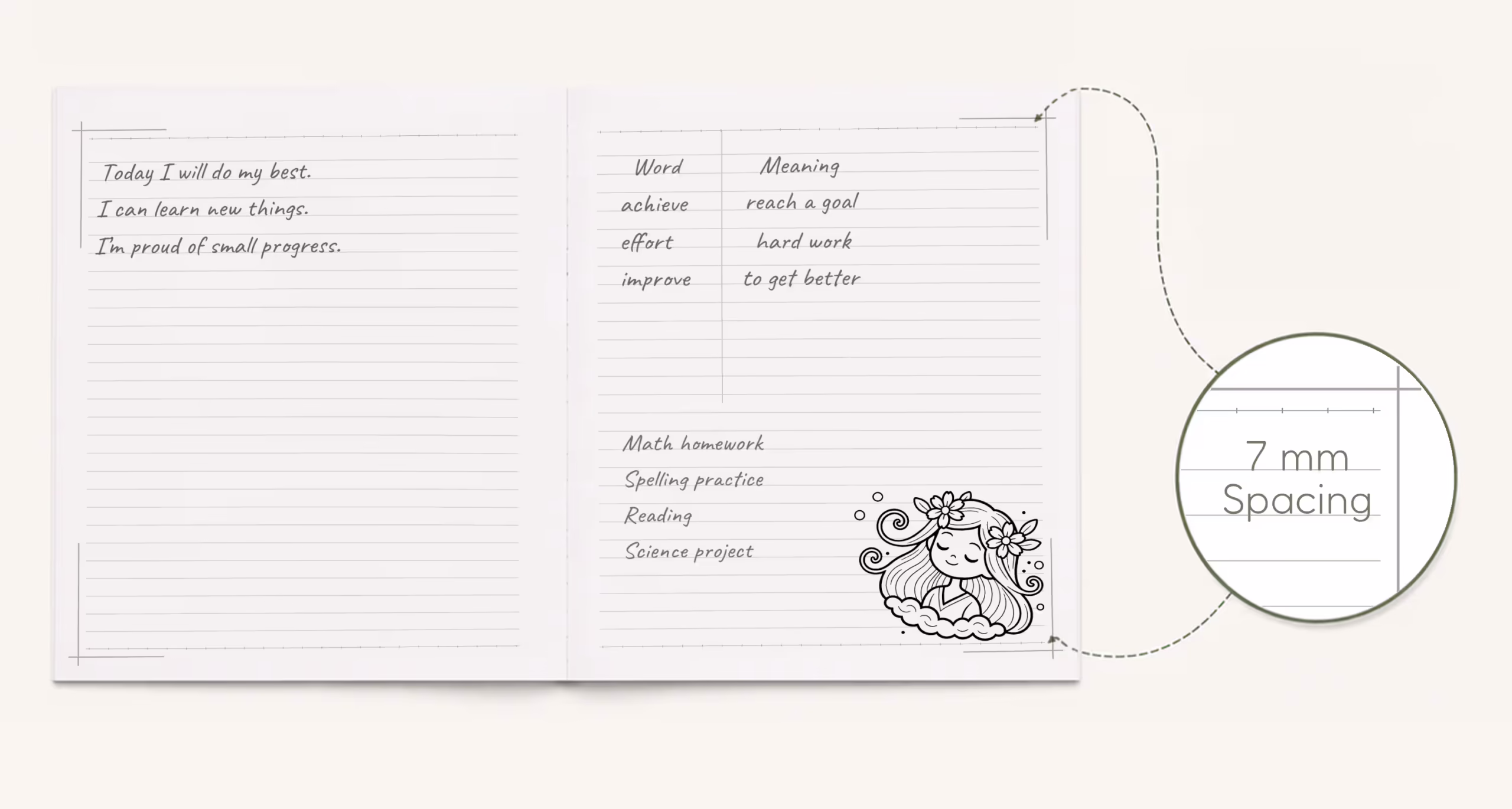 AVA Studio Practice & Color Notebook open to writing and learning activities, featuring motivational handwriting practice, vocabulary words with meanings, homework prompts, a decorative girl illustration, and 7 mm ruled spacing for comfortable writing.
