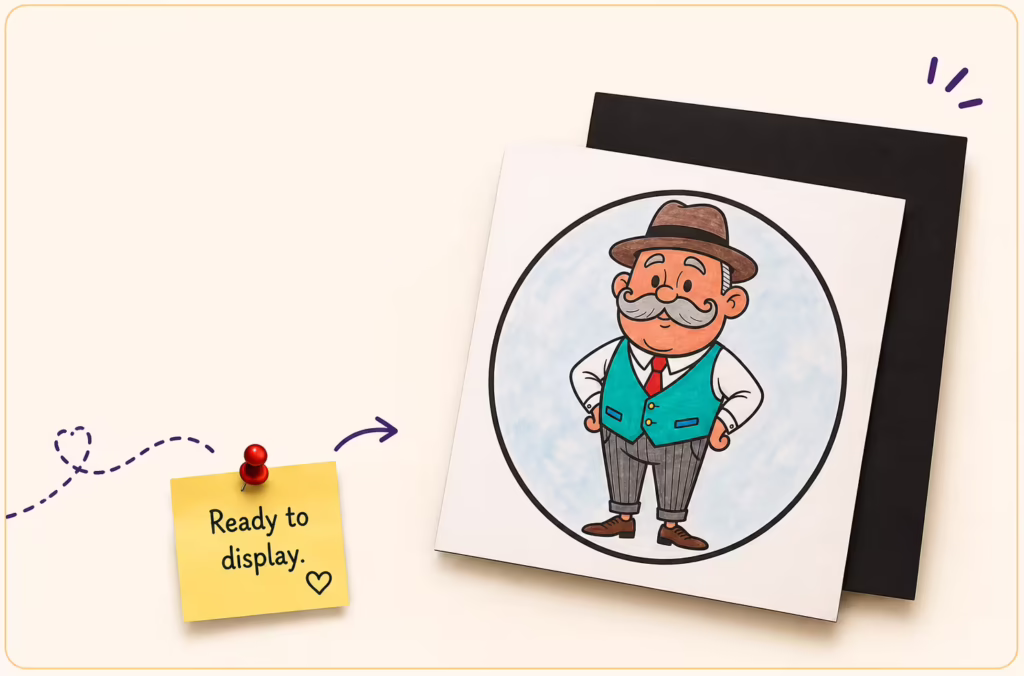 Illustrated character coloring page with a solid black backing designed to make finished artwork pop and prevent bleed-through.