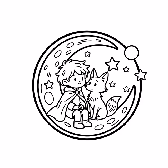 Boy sitting beside a fox beneath a crescent moon and stars coloring page