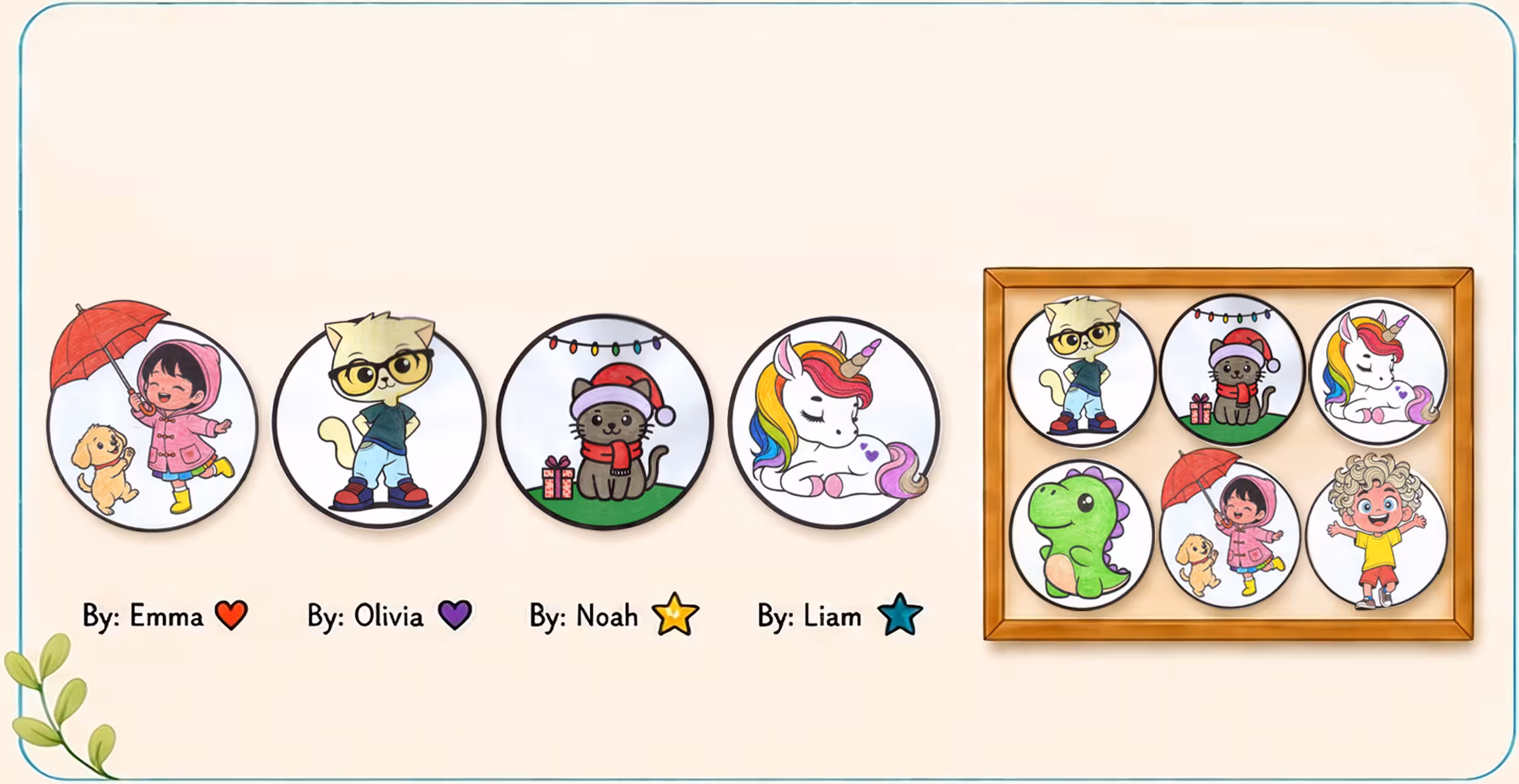 Four signed coloring artworks by kids named Emma, Olivia, Noah, and Liam alongside a framed display board showing finished colored pages.