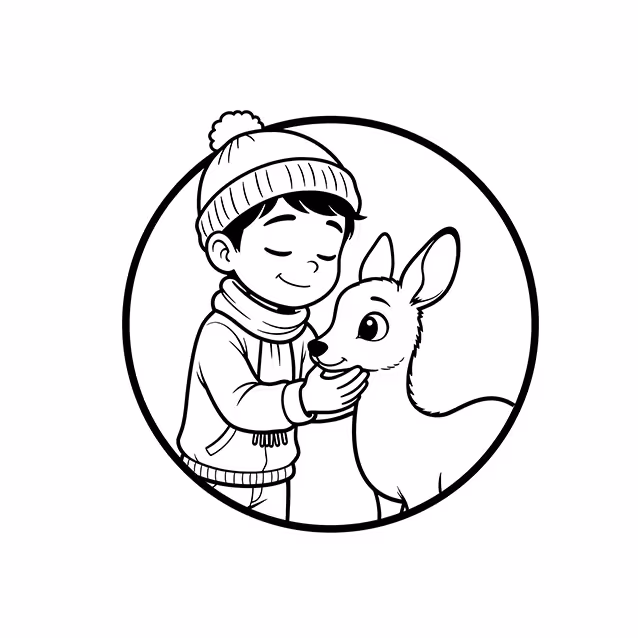 Child in winter clothes gently petting a friendly deer coloring page
