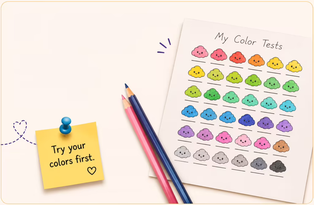 Color palette test page titled My Color Tests featuring cute cloud swatches colored in rainbow shades alongside colored pencils.