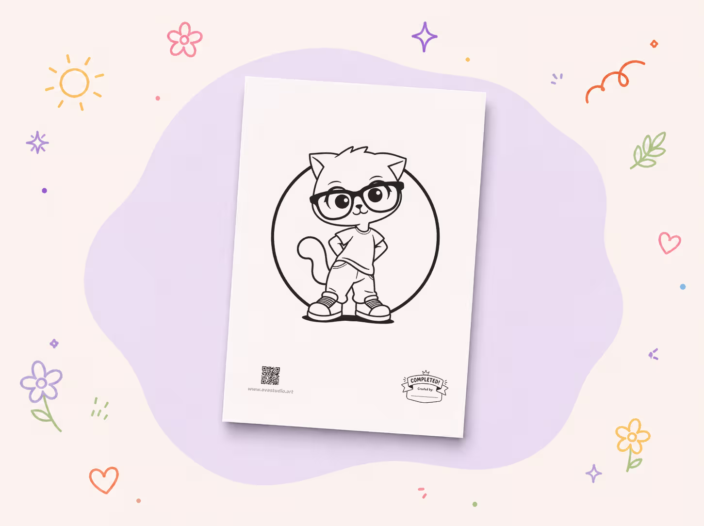 Printed cool cat with glasses coloring page on decorative background